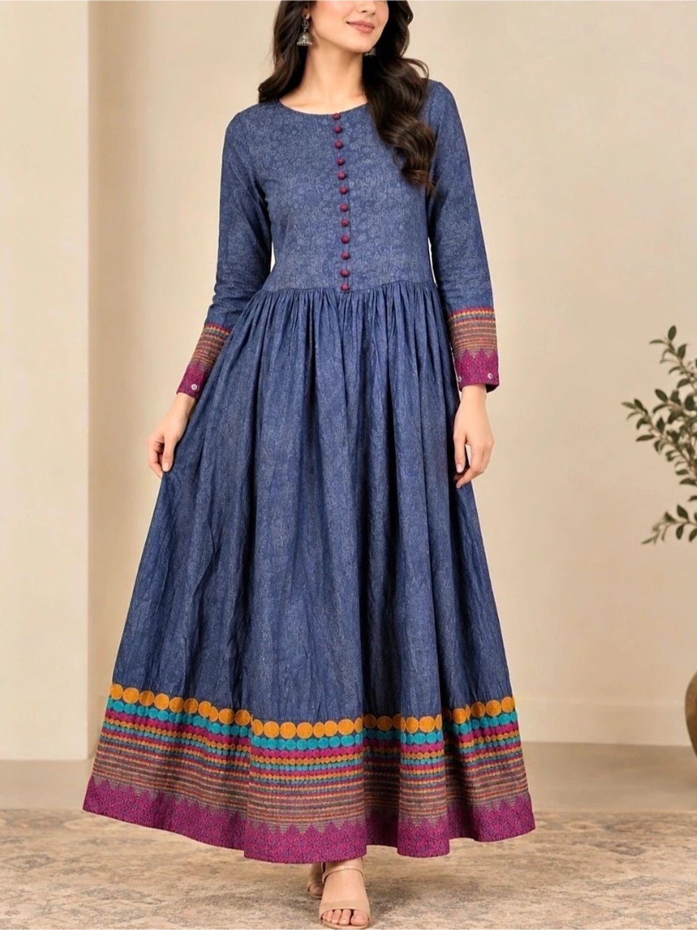 Women's Blue Embroidered Maxi Dress